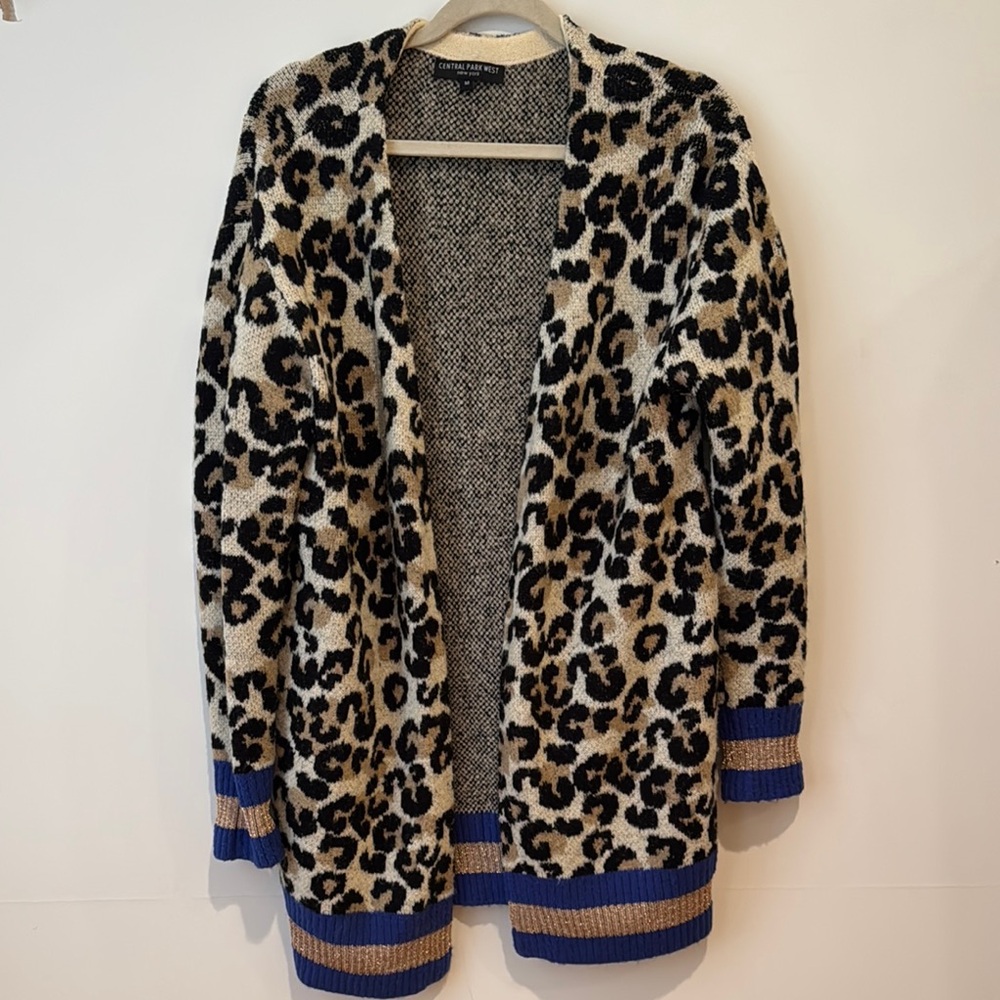 Black and Tan Cardigan Sweater with Bold Leopard Print